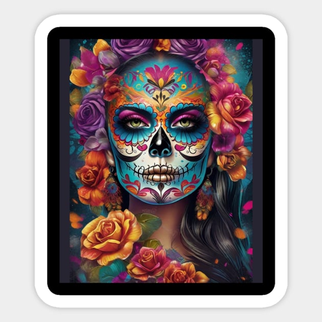 Embrace Tradition: Woman Adorned in Sugar Skull Makeup Sticker by ImaginativeInkPOD